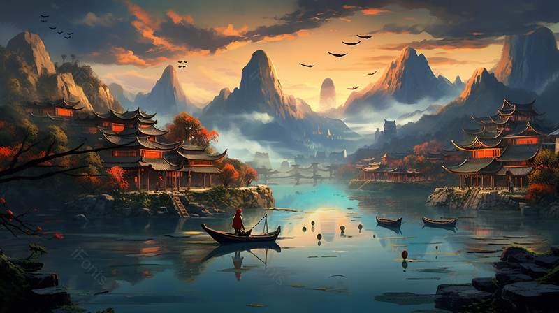 国潮风夜景山水建筑插画,插画/手绘图,插画/手绘图库,插画/手绘图下载,插画/手绘